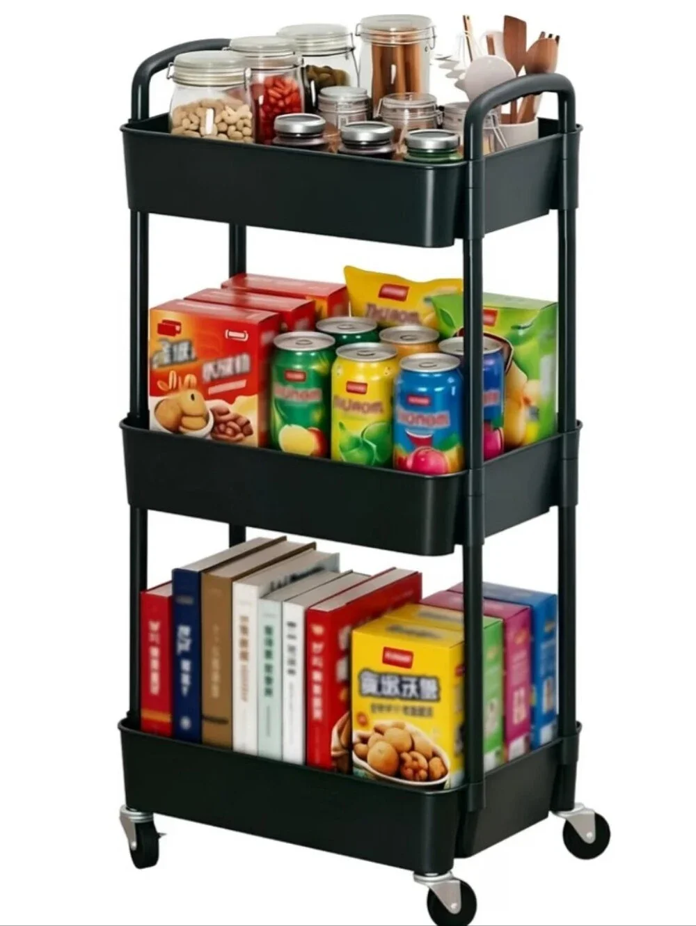 3 Tier Black Kitchen Utility Cart - Rolling Storage Organizer